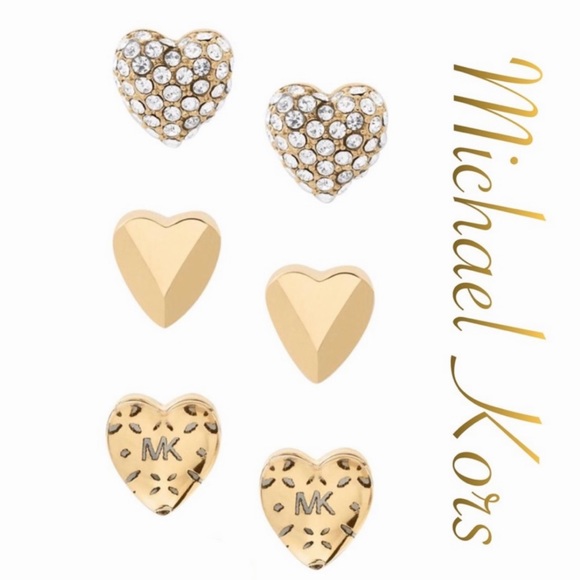 Michael Kors LOGO Heart Stud 3 Pair Set Earrings - Picture 1 of 8